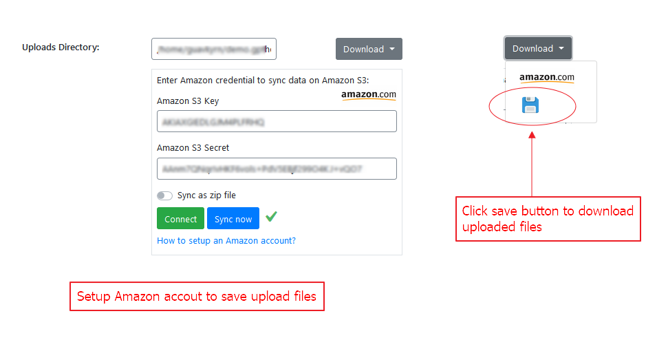 Setup Amazon account to save upload files on remote server with Amazon s3