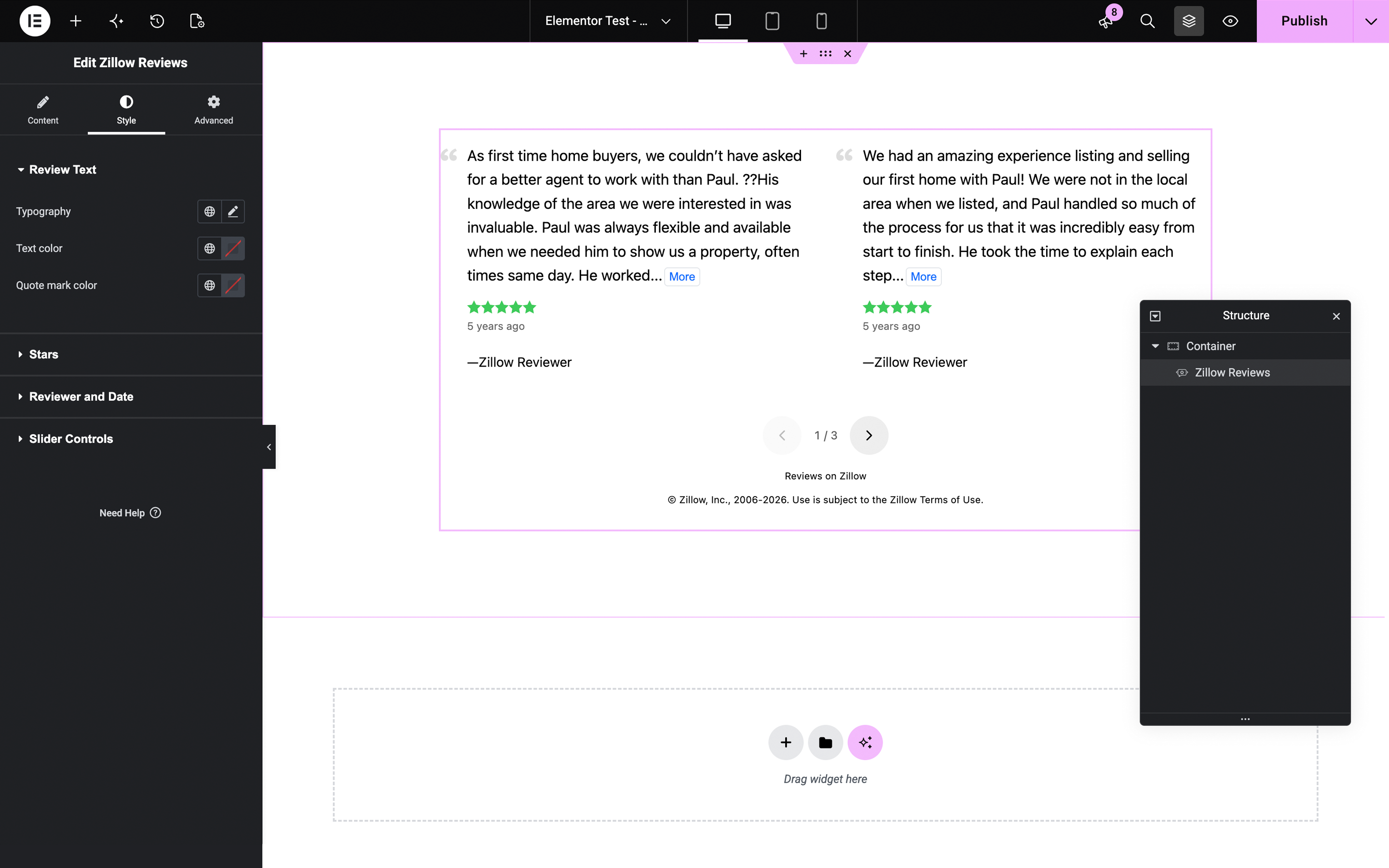 Zillow Reviews widget in the Elementor editor