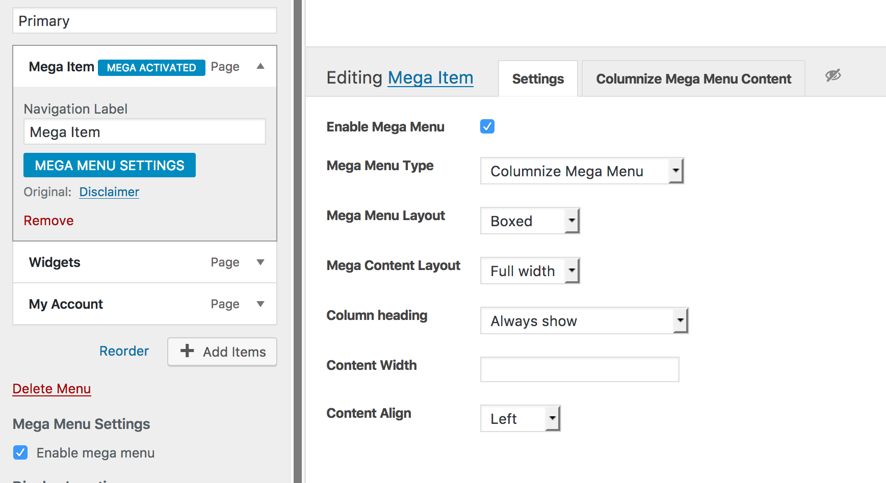 Mega menu item settings.