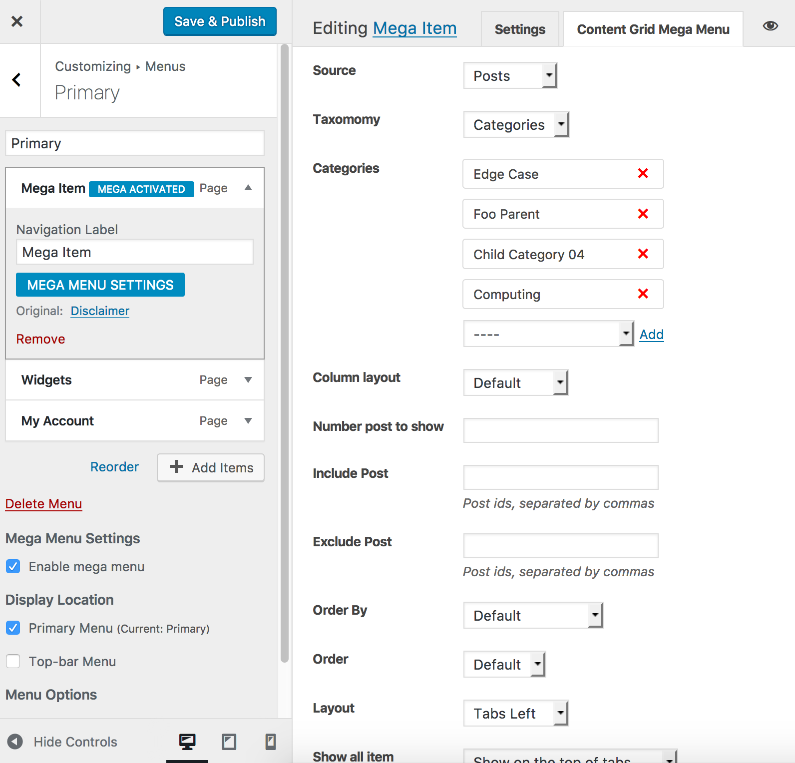 Content grid mega layout out settings.