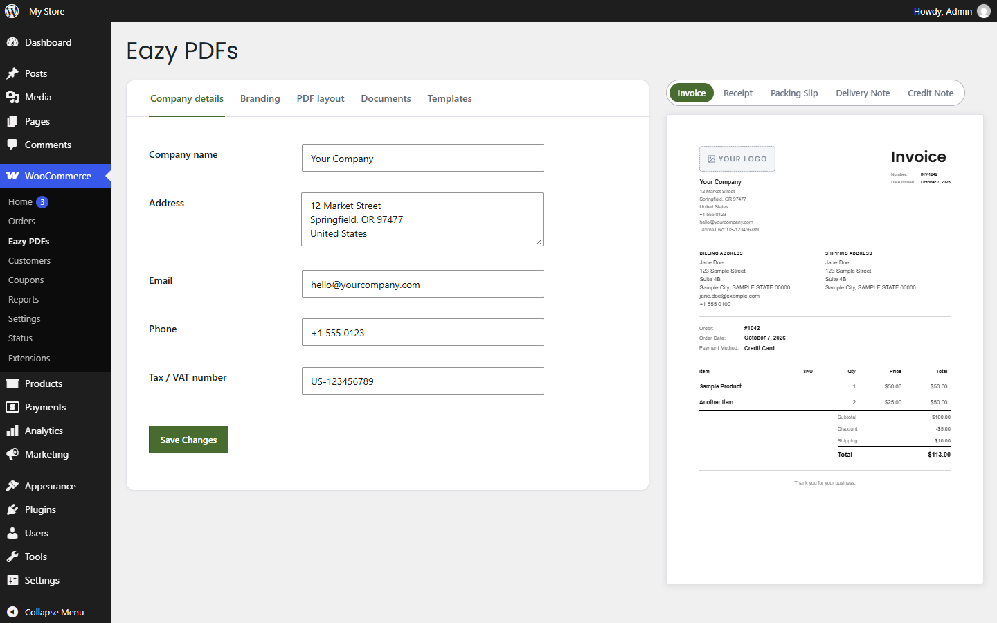 Add your company details and see a live preview of your document.