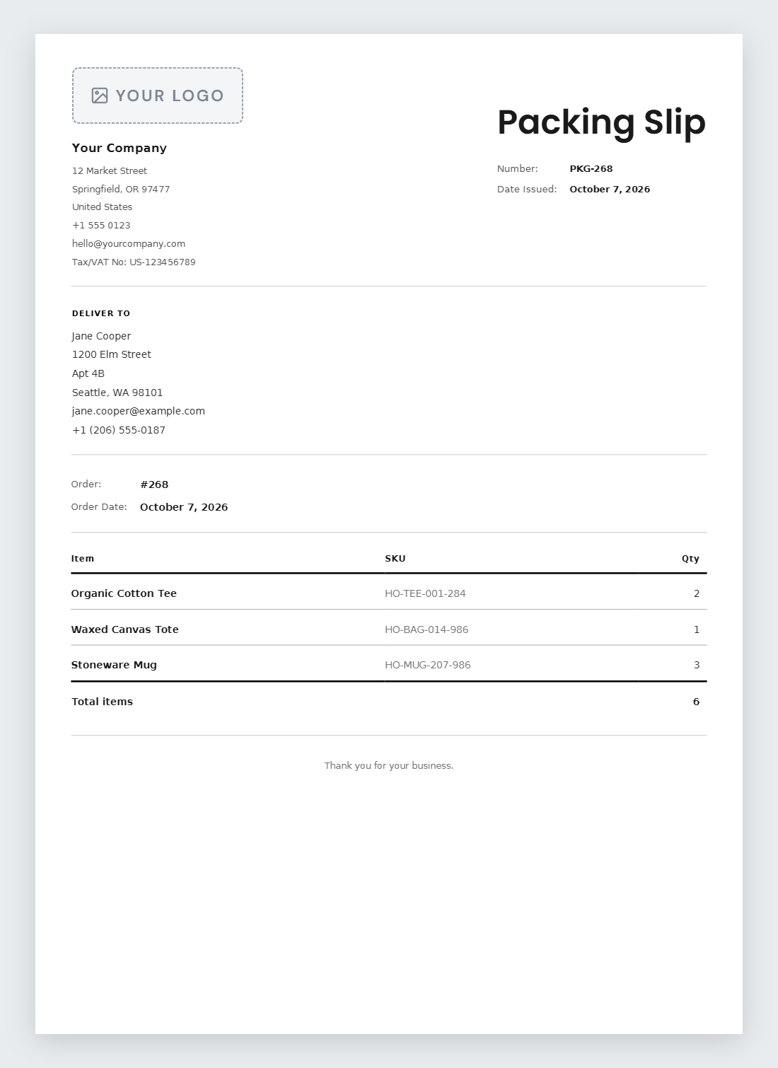 An example packing slip with the total item count.