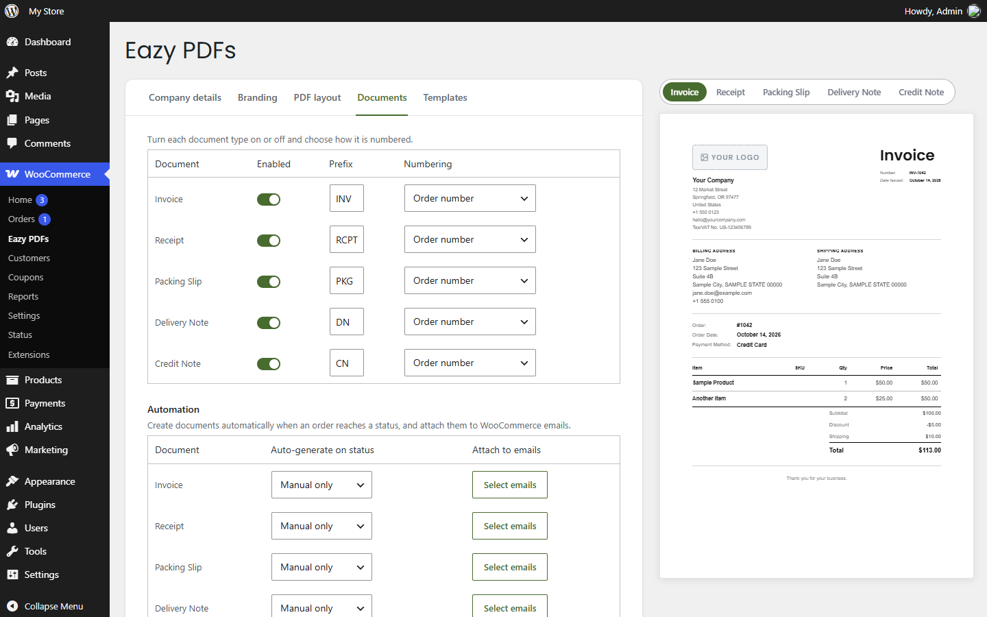 Choose how documents are numbered and set up automatic documents.