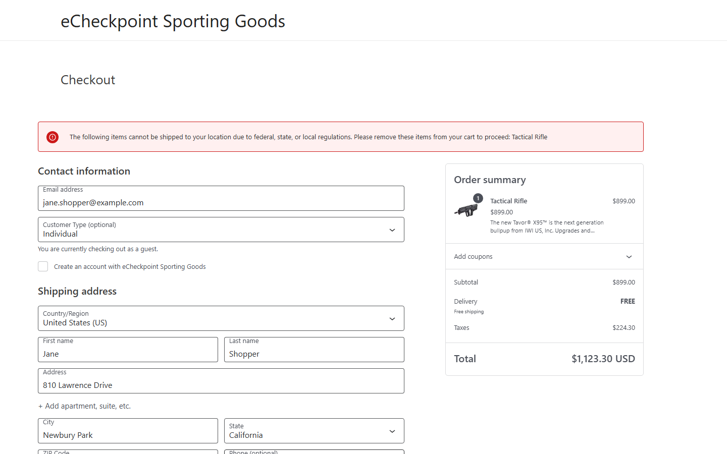 A product that cannot ship to the shopper's address, explained at checkout