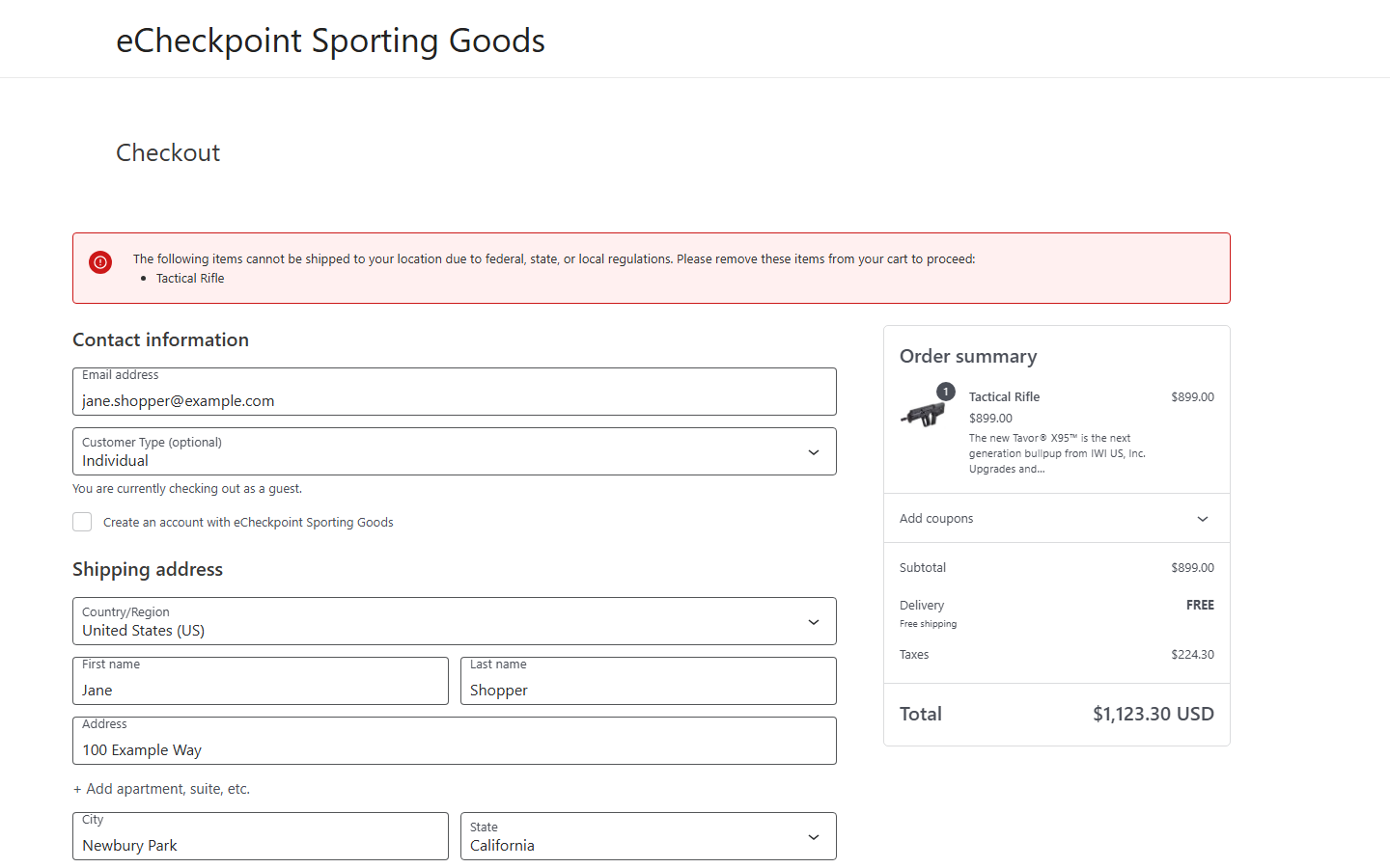 A product that cannot ship to the shopper's address, explained at checkout