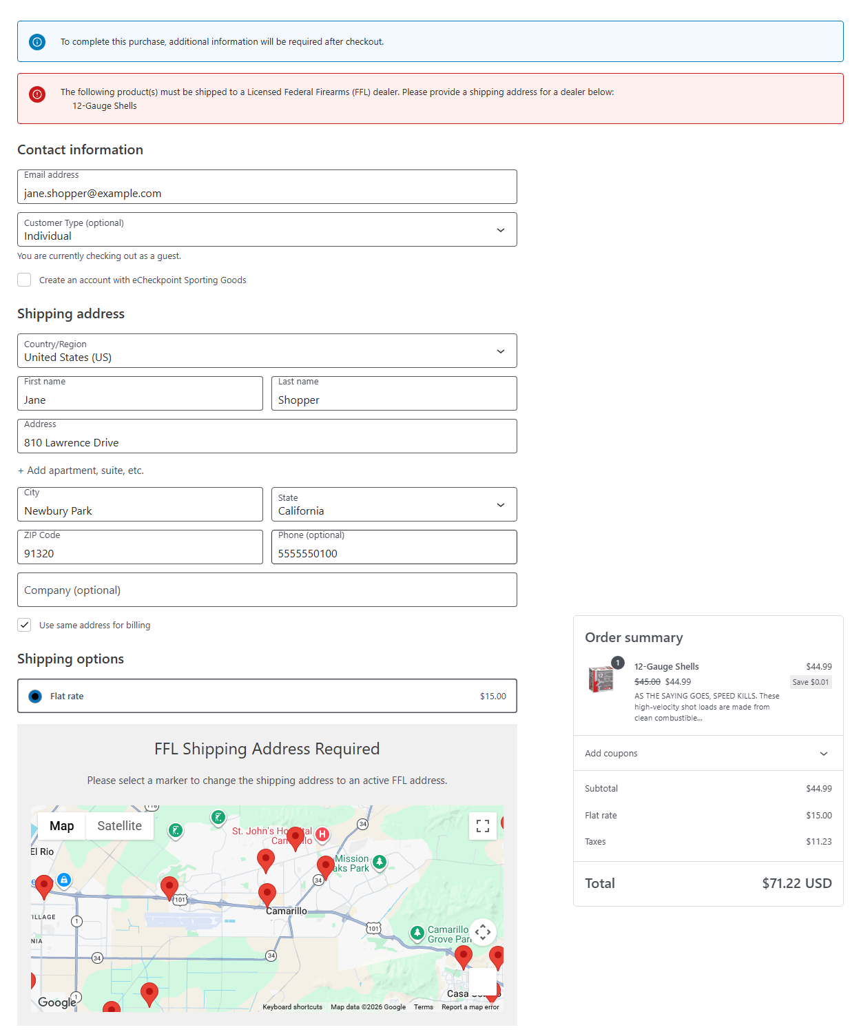 A product that must ship to a licensed dealer, with the FFL dealer map