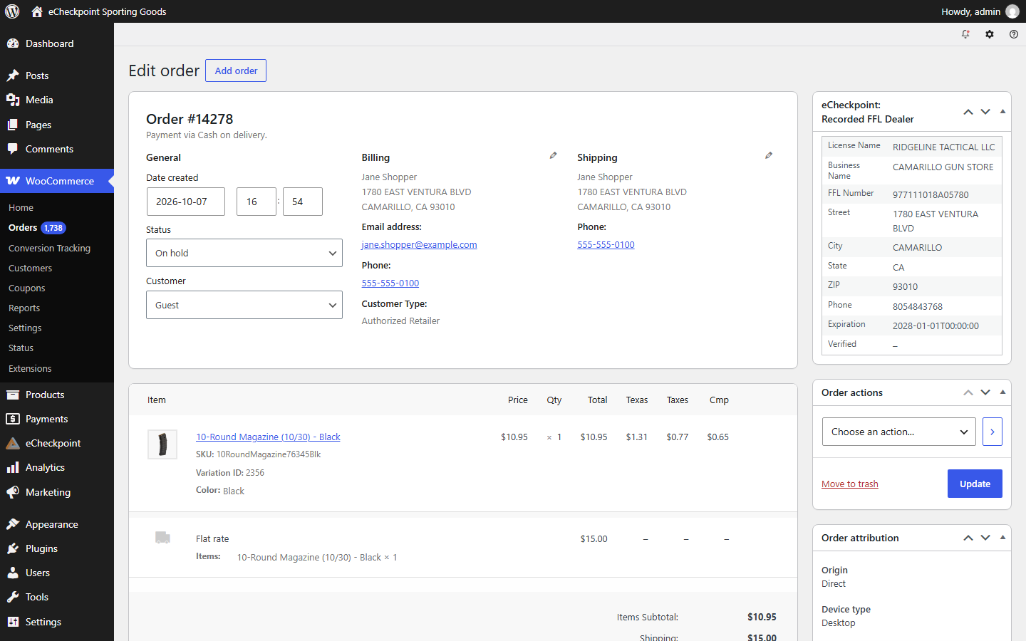 The recorded FFL dealer on the order screen
