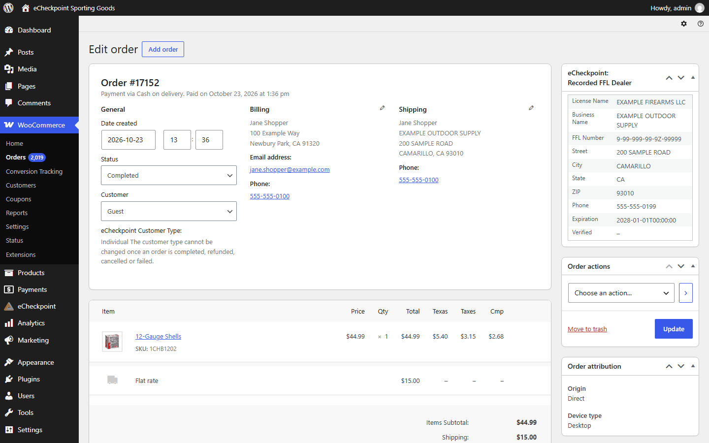 The recorded FFL dealer on the order screen