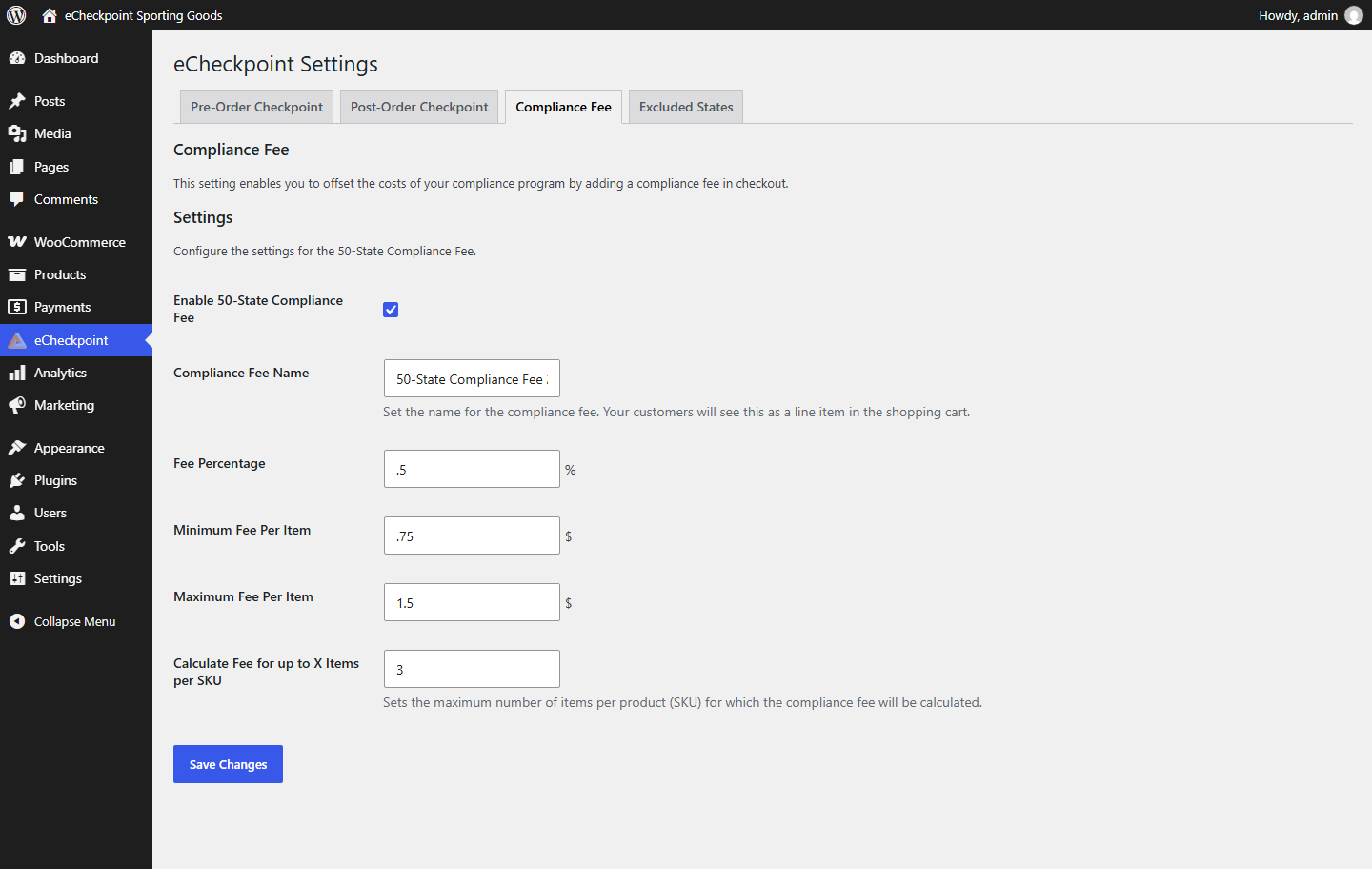 Compliance Fee settings