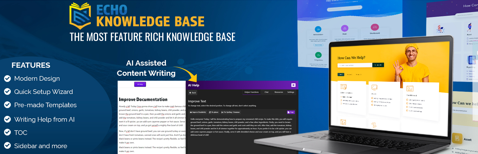 WordPress 外掛 Advanced Knowledge Base Documentation, Articles and FAQ Tool with AI Chat Integration, Security, Support, and Import/Export 的封面圖片。