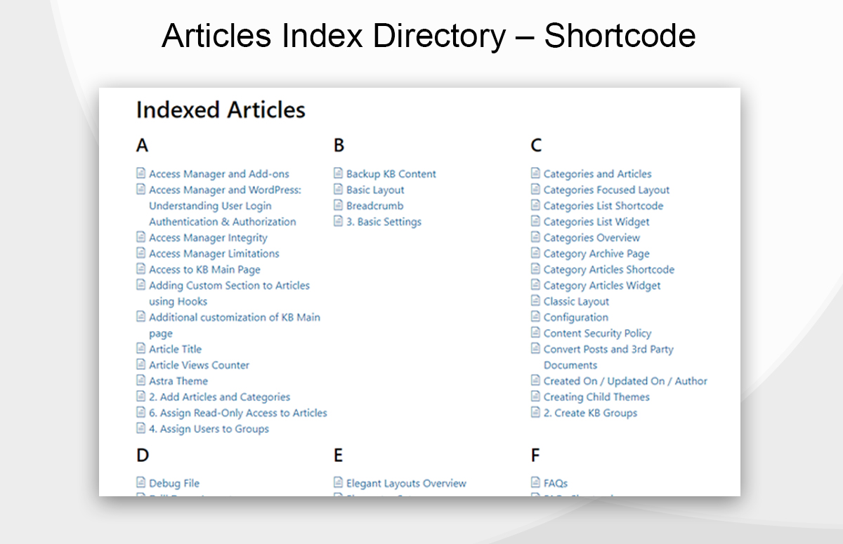 <p>Article Index Directory Shortcode</p>