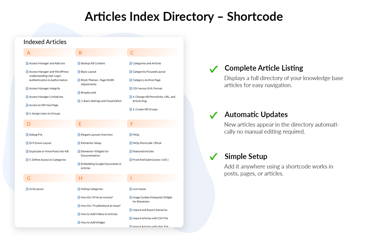 <p>Article Index Directory Shortcode</p>
