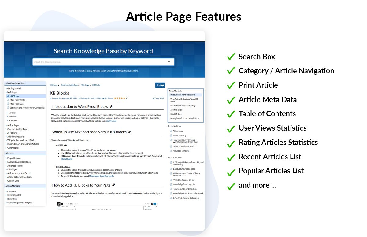 Article Page features: breadcrumb, back button, print button, Table of Content, widgets, and more
