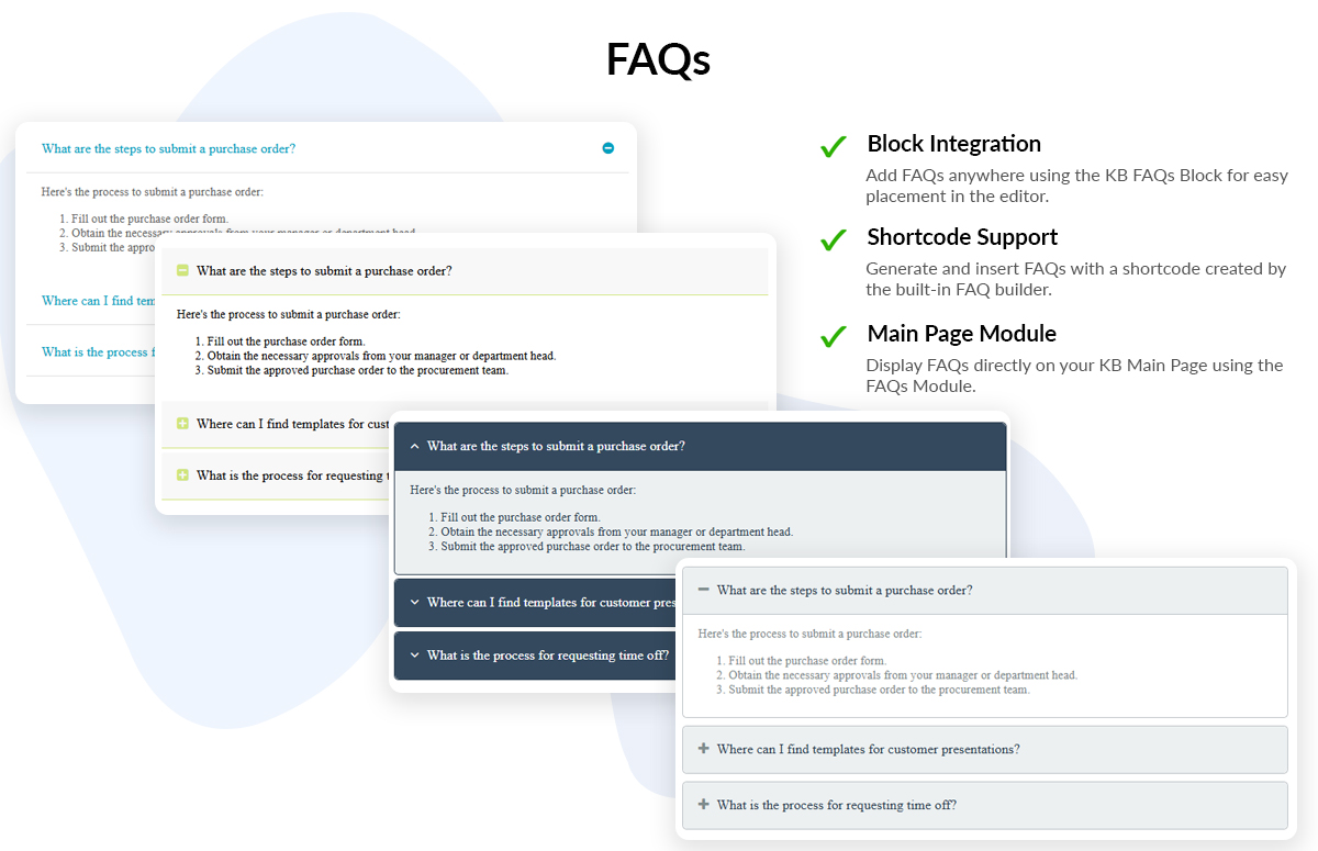 Frequently Asked Questions shortcode and module examples