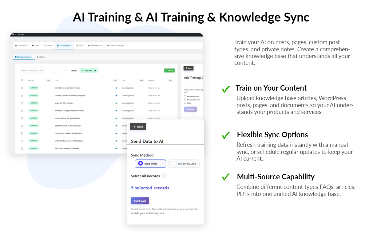 AI Training Data selection and Knowledge Base Sync