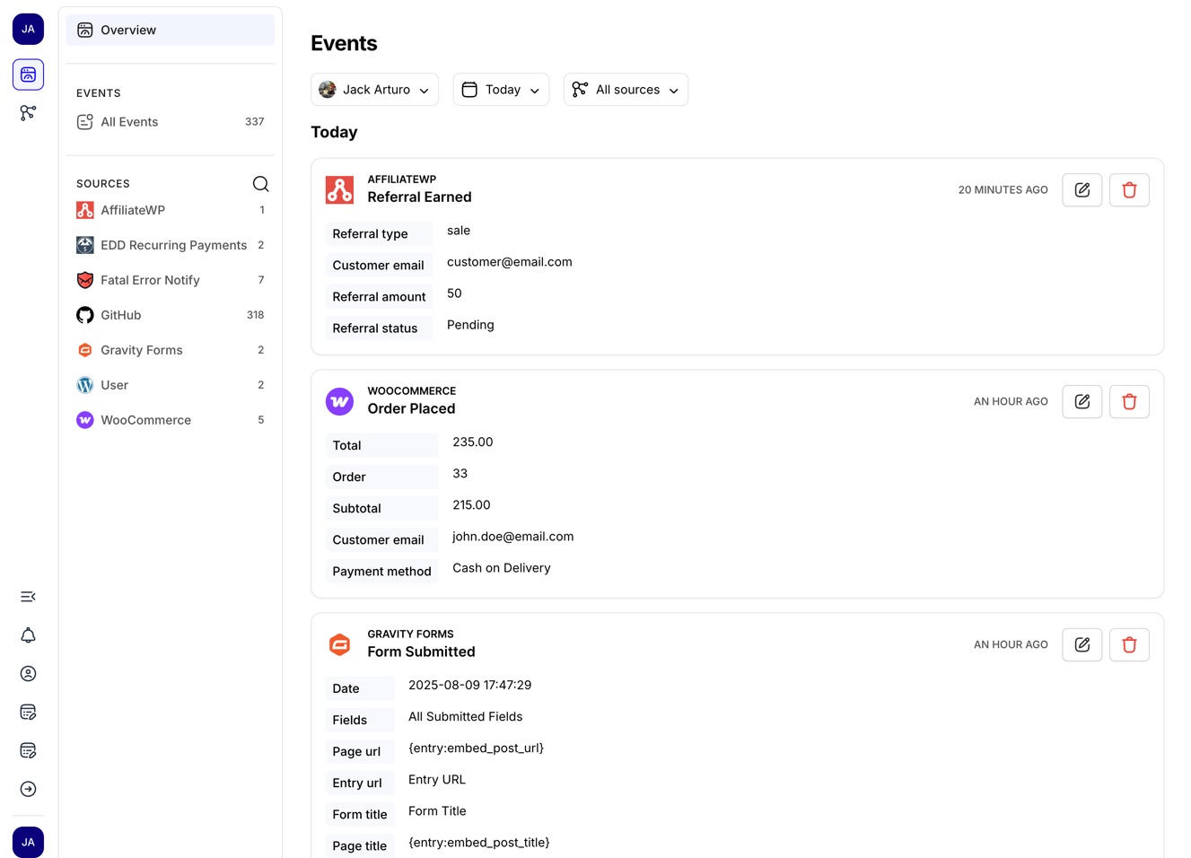 The EchoDash dashboard with real-time event stream and analytics.