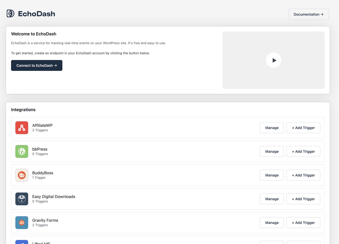 Main settings page with available plugin integrations.