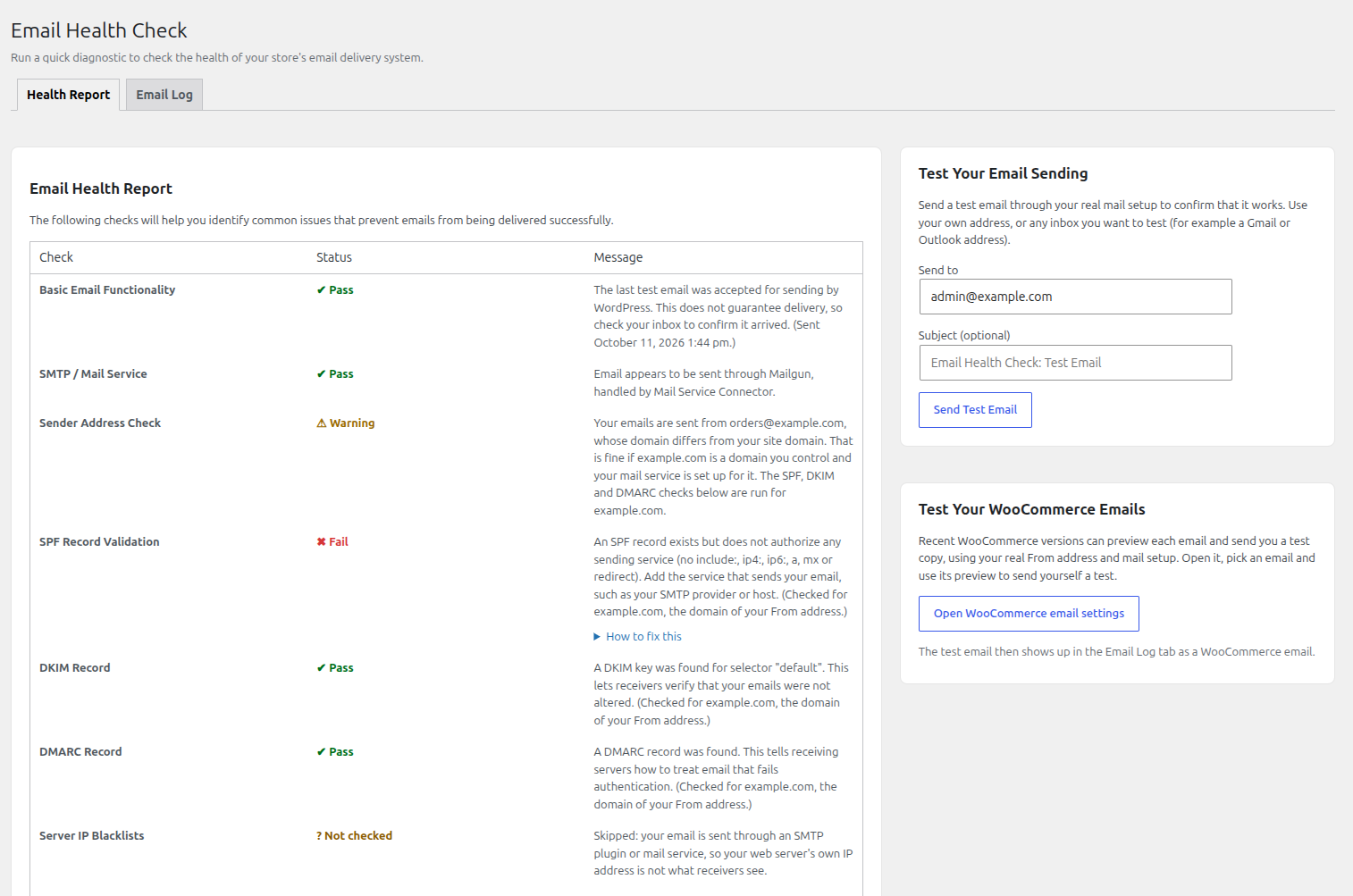The Health Report: every check with a clear Pass, Warning or Fail status.