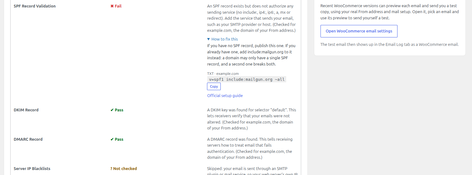 A failing check shows a "How to fix this" panel with a copy-paste DNS record and a link to your mail provider's official guide.