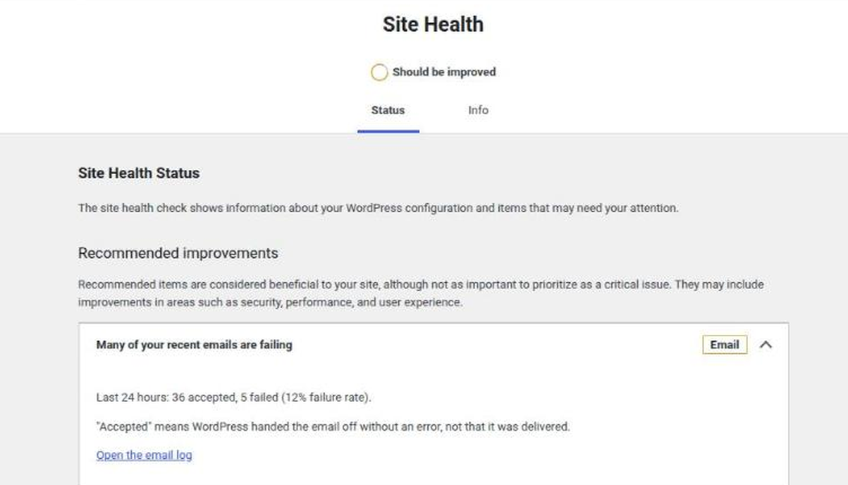 The same warning in Tools > Site Health, so a problem shows up without opening the plugin.