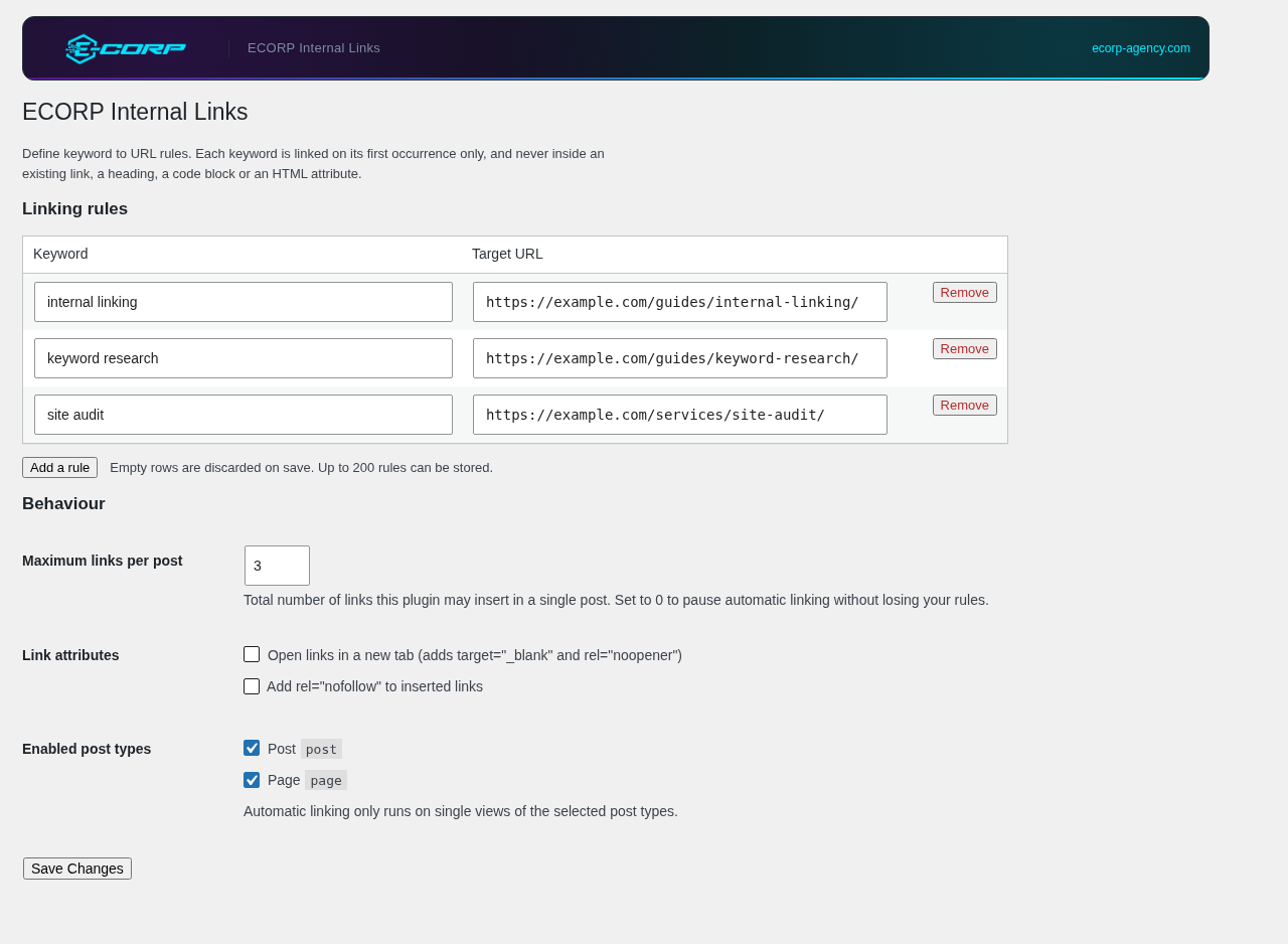 The settings screen: keyword to URL rules, the per-post link limit, link attributes and the post types automatic linking runs on.