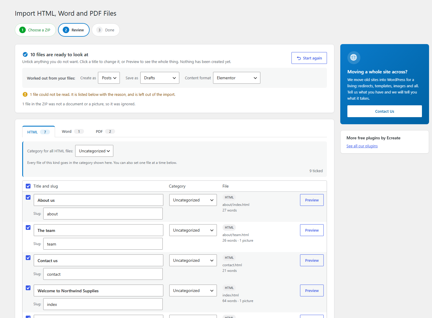 The review list: every file with the title and address that were found, a category to choose for a whole file type or one file at a time, and nothing created yet.