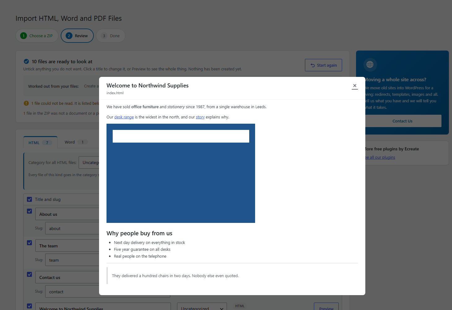 The preview: see a file exactly as it would be imported before approving it.
