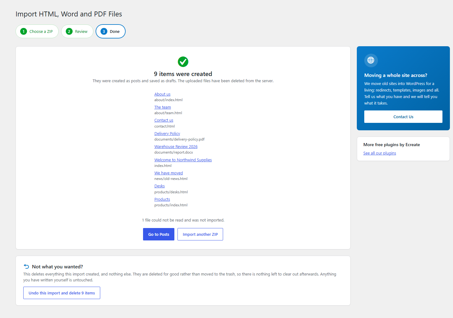 The finished screen, with links to what was created and a one click undo.