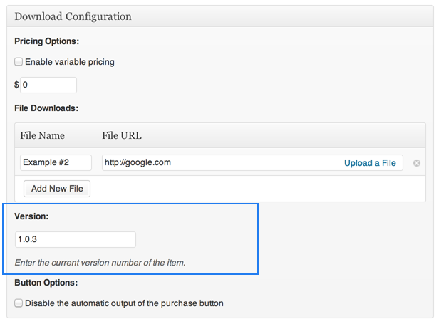 Version field added to EDD's "Download Configuration" meta box.