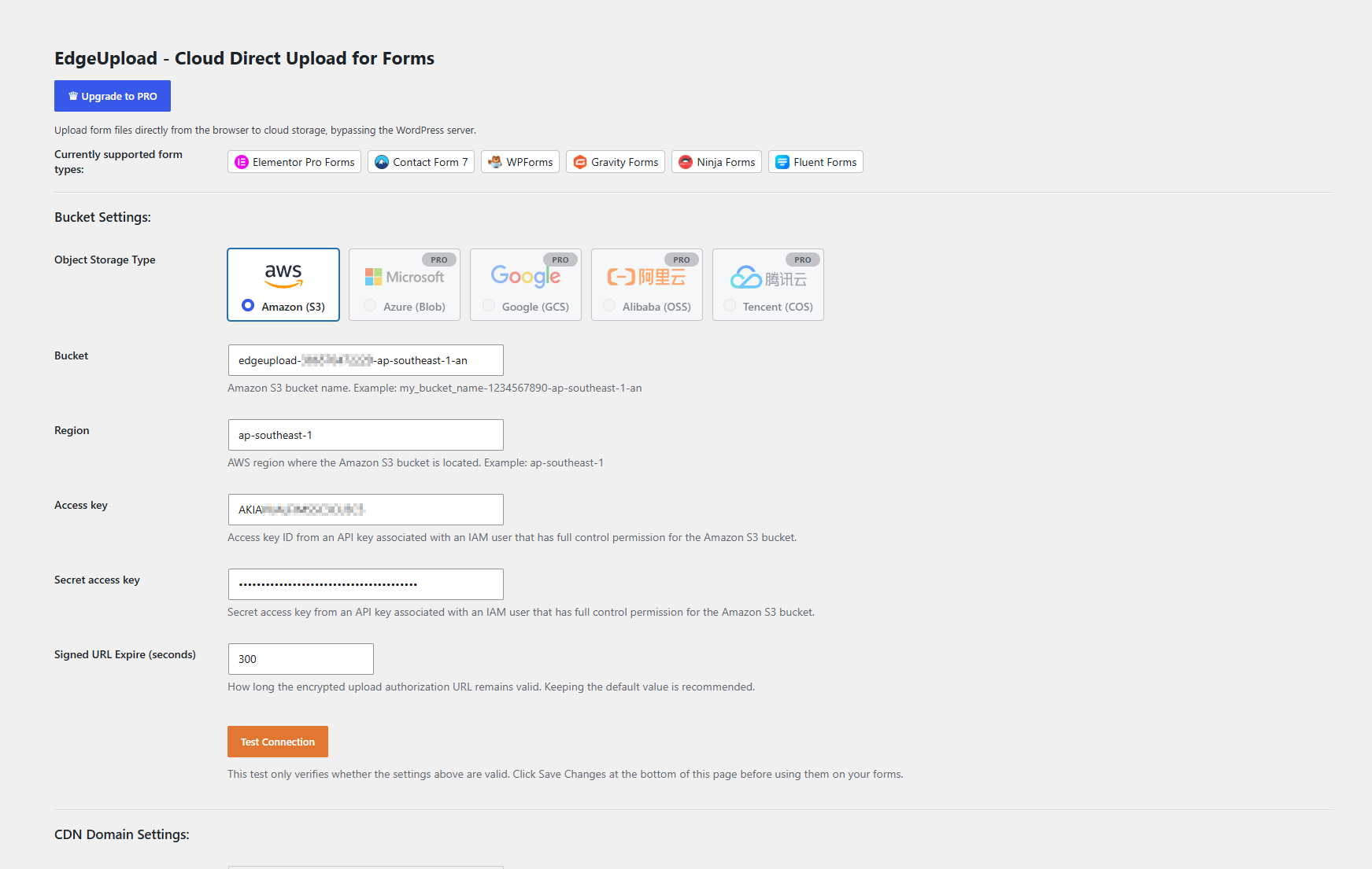 Settings page: choose your object storage provider, enter bucket credentials, and run the connection test. Supported form plugins are listed at the top.