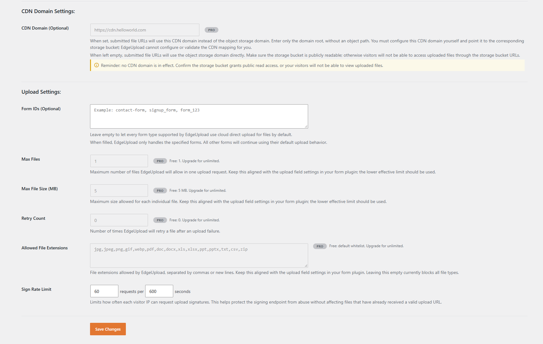 Settings page: optional CDN domain, form ID targeting, upload limits, allowed file extensions, and signing rate limit.