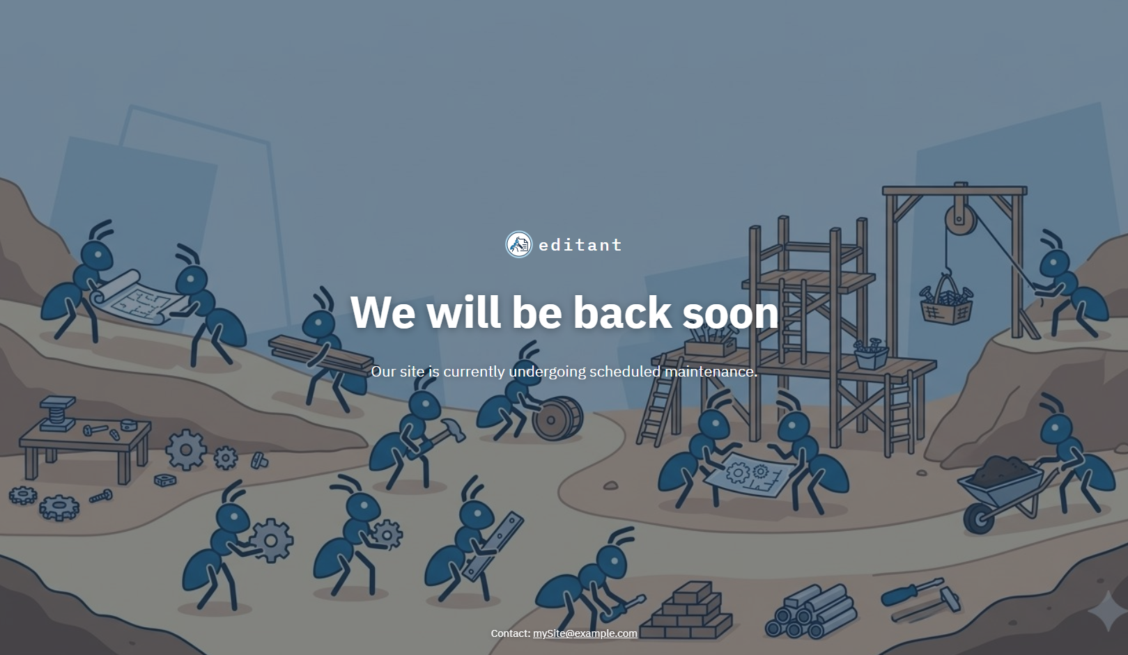 The maintenance page shown to visitors, with the editant logo and name, title, and subtitle over the built-in background.