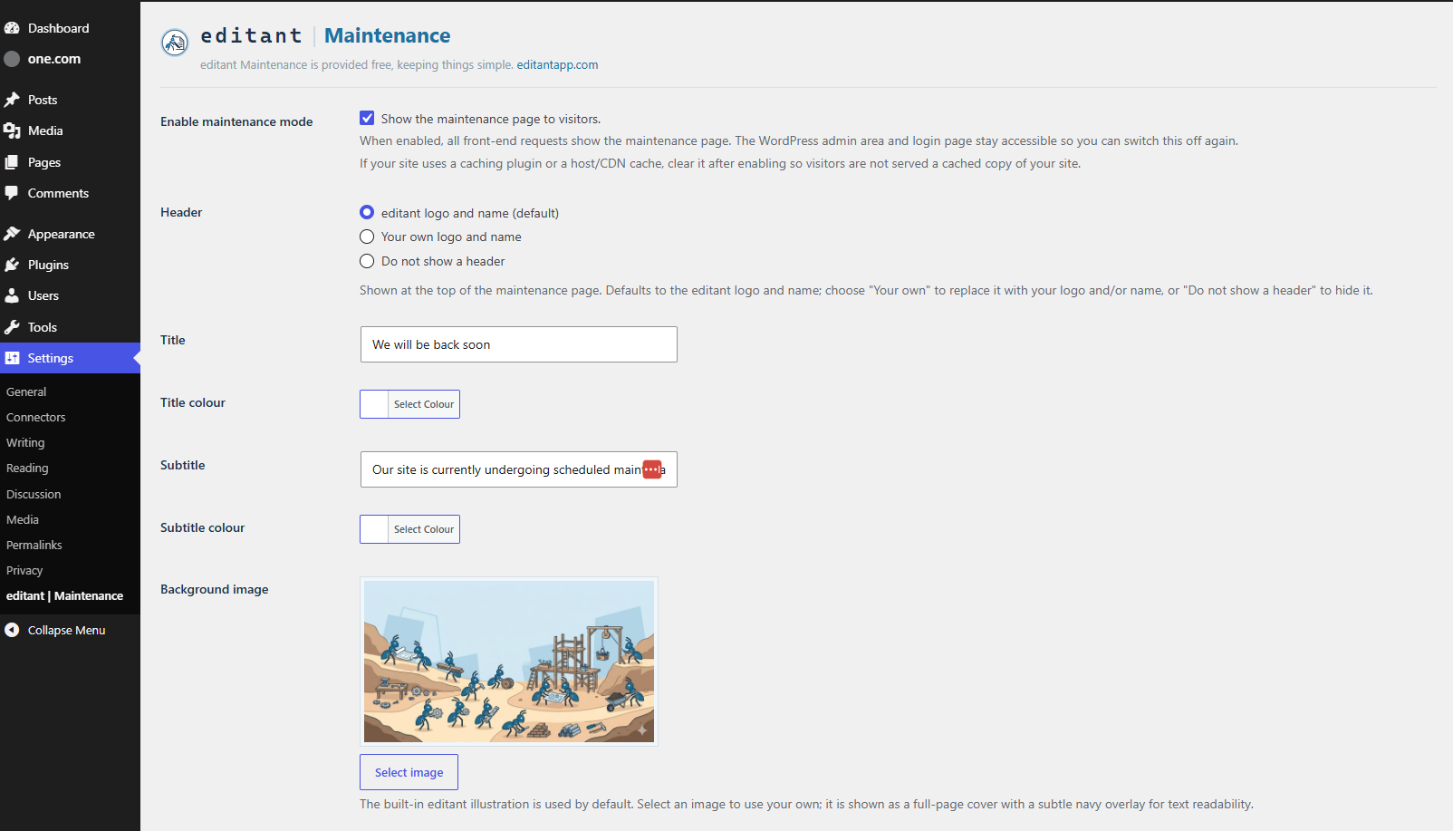 The Settings -> Maintenance Mode admin page: enable toggle, header choice, title and subtitle, colour pickers, background image, bypass roles, and contact email.