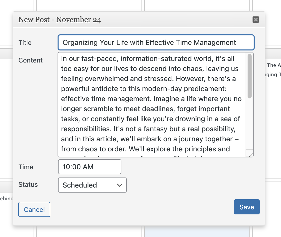 Create, edit, and schedule posts in one simple quickedit dialog.