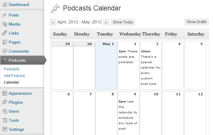 Use a special calendar for each custom post type on your blog.