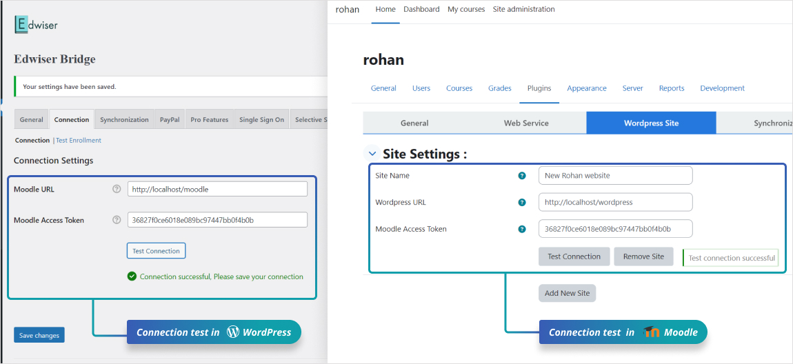 Connection test btw wordpress and moodle: Connection between WordPress and Moodle is successfully established, allowing seamless integration and synchronization of data.