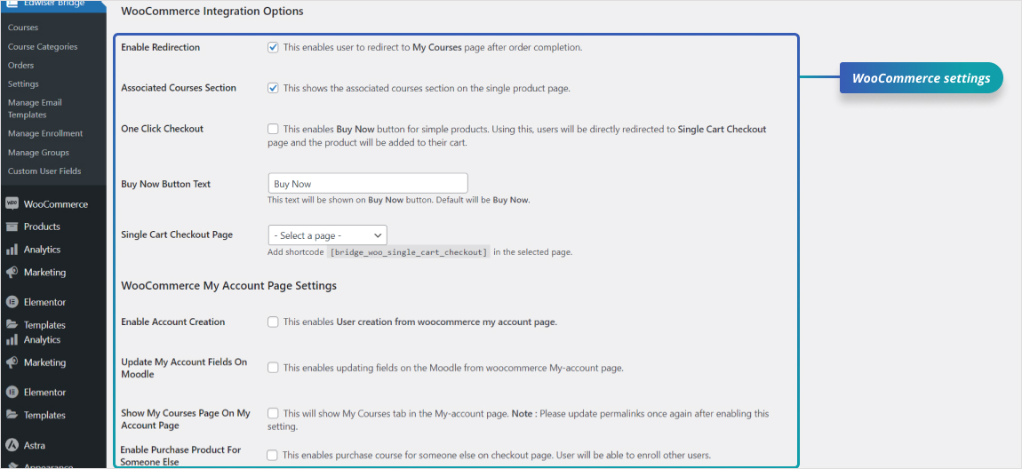 WooCommerce settings: Configure WooCommerce integration settings in Edwiser Bridge, including redirection, one-click checkout, and account creation options for seamless course sales.