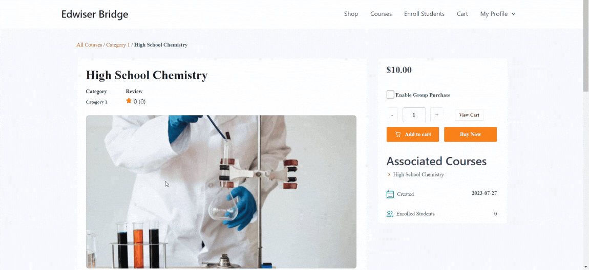 Course description: Course page with overview, pricing, category details, and options for group purchase, displayed within Edwiser Bridge.