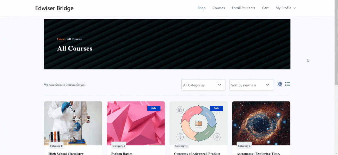 Course list view to user: Browse all available courses in Edwiser Bridge, with options to filter by category and sort, available in both card and list views.