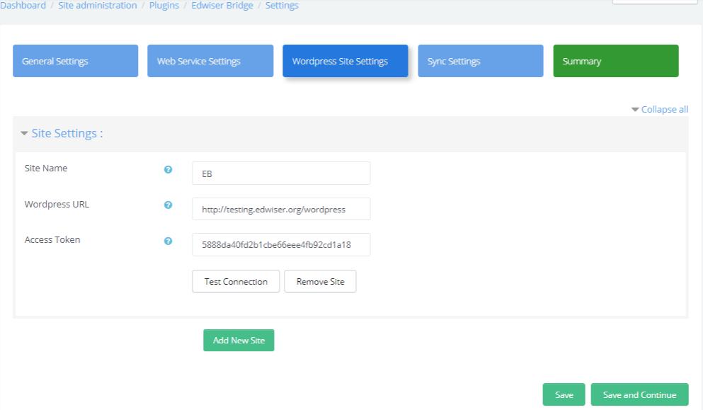 Moodle Set-up wizard: WordPress Site Connection Settings.