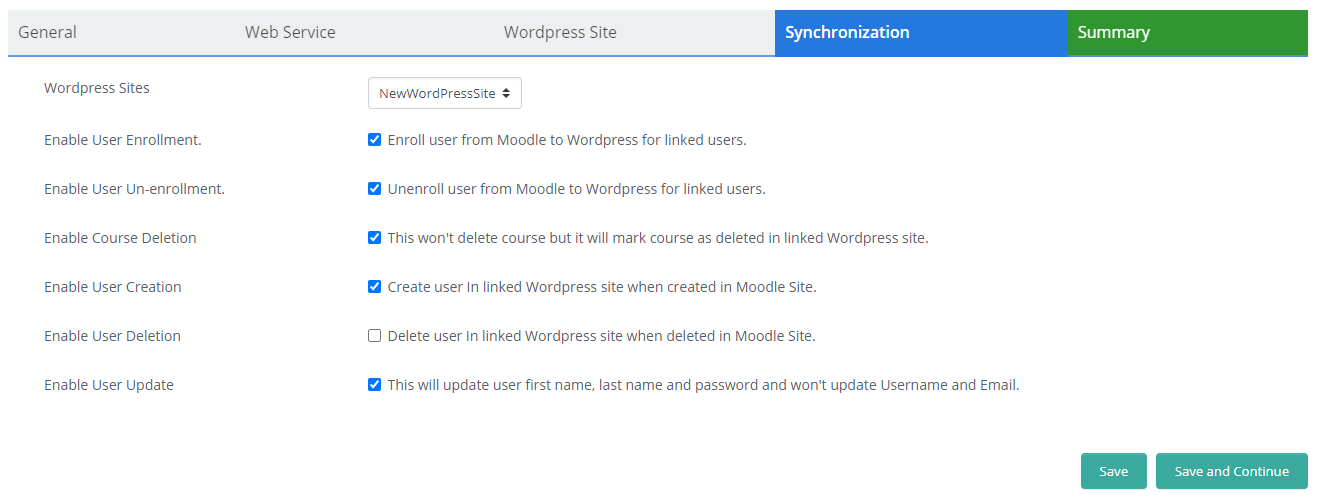 Moodle Set-up wizard: WordPress Site Connection Syncronisation settings.