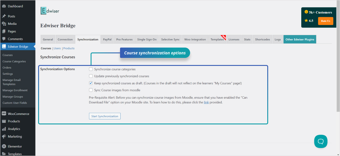 Course synchronization: Course synchronization options allow for updating and managing course categories and images between WordPress and Moodle.