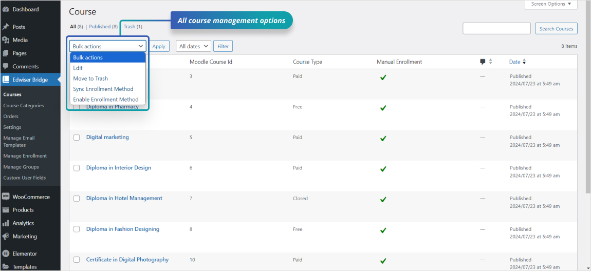 Moodle courses synced in wordpress: Manage Moodle courses synced in WordPress using Edwiser Bridge, with options for editing, enrollment synchronization, and bulk actions.