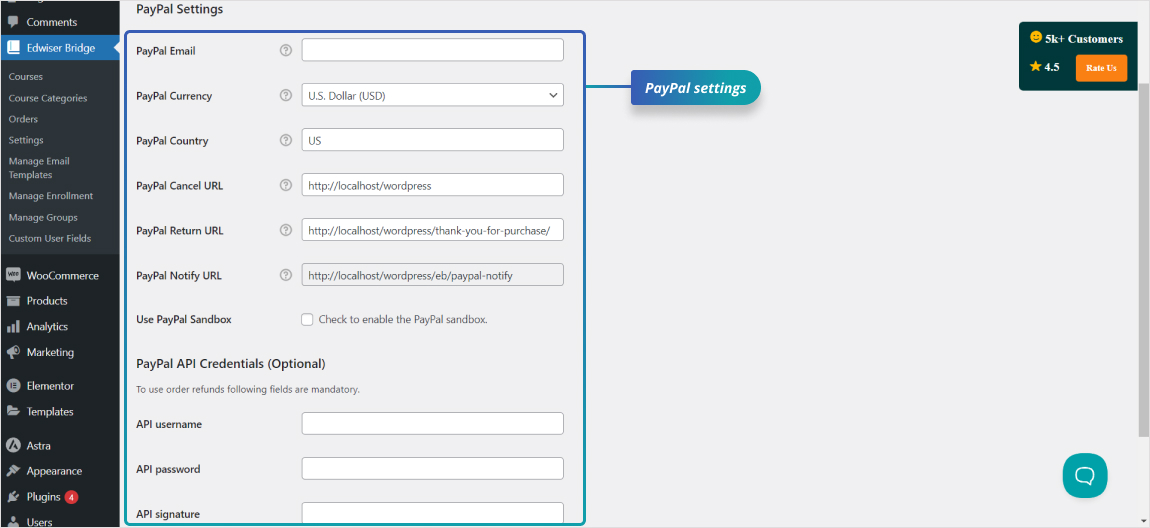 Paypal settings: Configure PayPal settings in Edwiser Bridge, including email, currency, and API credentials, for seamless payment processing.