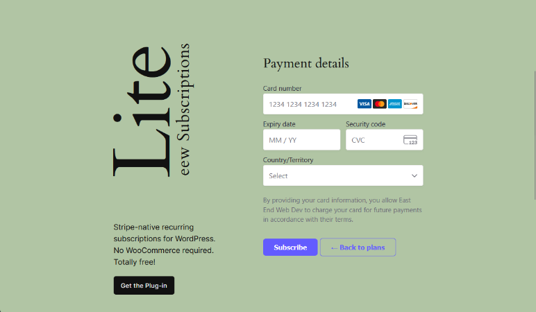 Subscription form shortcode/block - Stripe Payment Element step.
