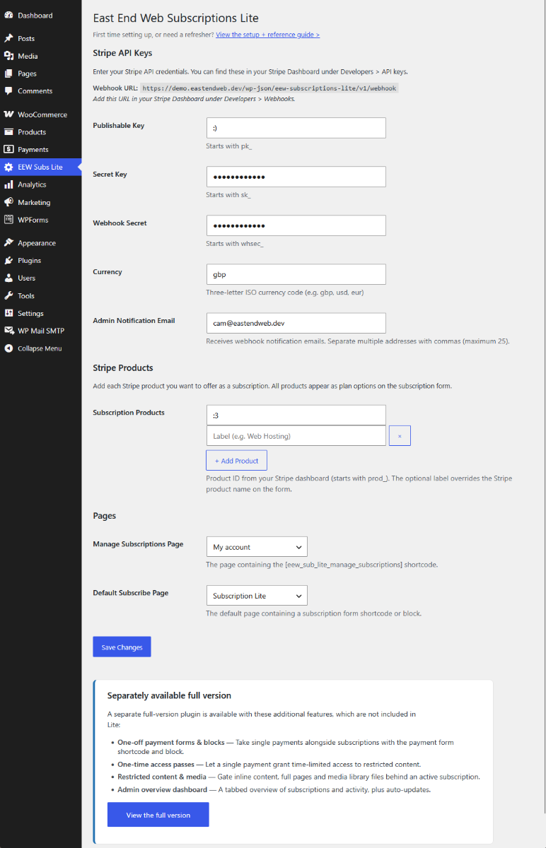 Plugin settings page.