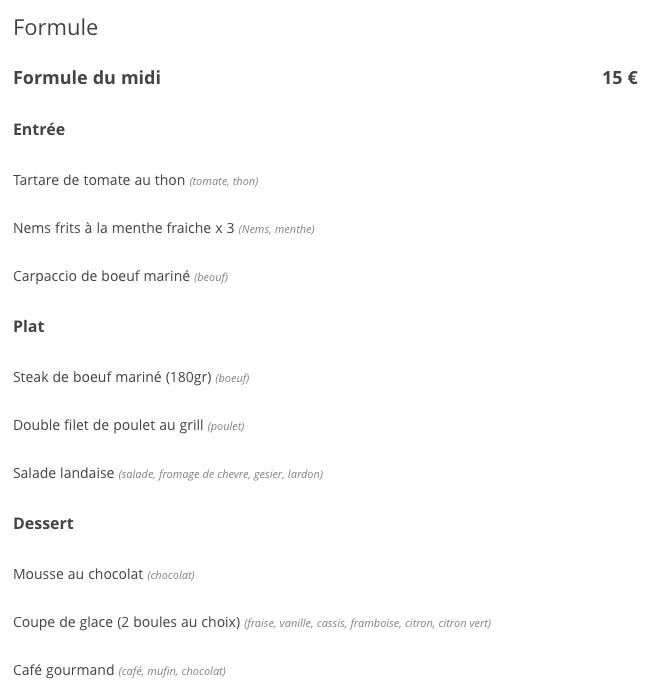 Restaurant menu (front-office)