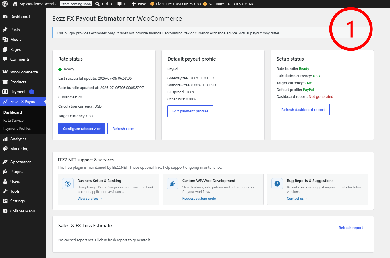 Dashboard overview with rate status, payout profile summary, setup status, and sales/FX loss estimate.