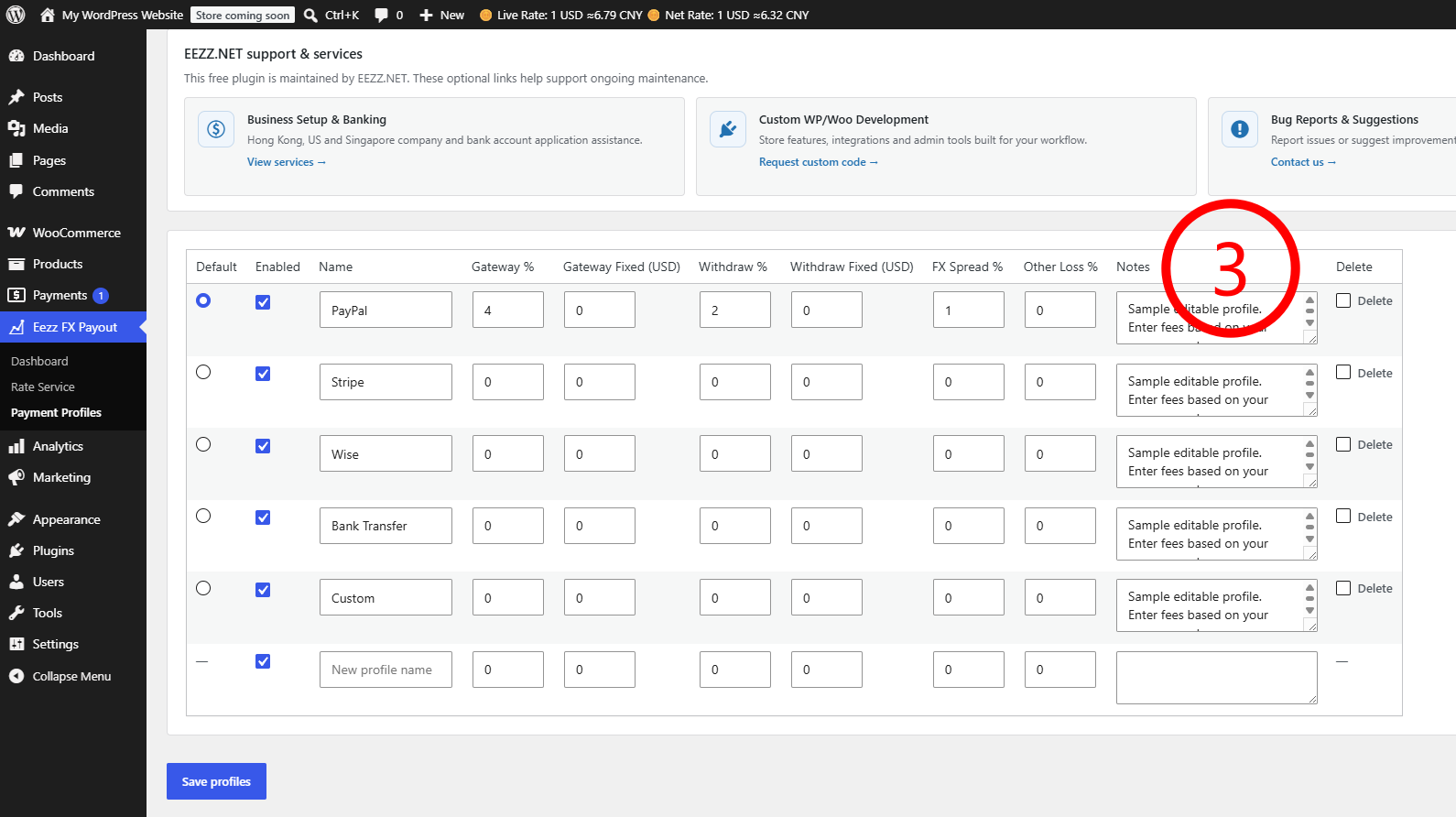Payment profile settings for gateway fees, withdrawal fees, FX spread, and other loss values.