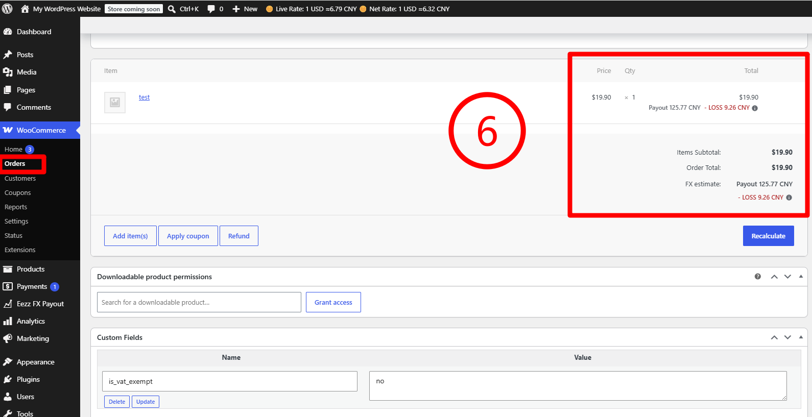 Order edit screen showing converted amounts and estimated payout loss.